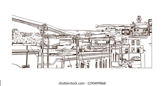 Building view with landmark of Cape Town is a port city on South Africa’s southwest coast. Hand drawn sketch illustration in vector.