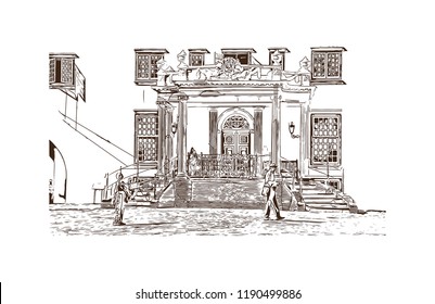 Building view with landmark of Cape Town is a port city on South Africa’s southwest coast. Hand drawn sketch illustration in vector.