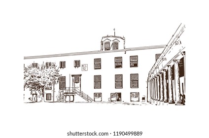 Building view with landmark of Cape Town is a port city on South Africa’s southwest coast. Hand drawn sketch illustration in vector.