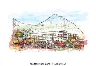 Building view with landmark of Cape Town Capital of South Africa. Watercolor splash with Hand drawn sketch illustration in vector.