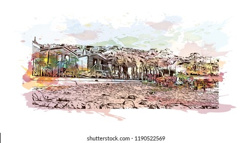 Building view with landmark of Cape Town Capital of South Africa. Watercolor splash with Hand drawn sketch illustration in vector.