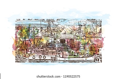Building view with landmark of Cape Town Capital of South Africa. Watercolor splash with Hand drawn sketch illustration in vector.