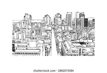 Construir vistas con un punto de referencia en Ciudad del Cabo es el 
capital de Sudáfrica. Dibujo a mano de ilustración de esbozo en vector.
