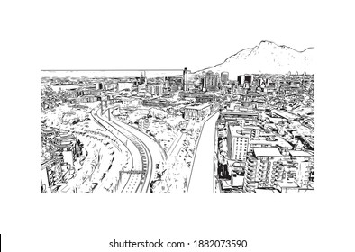 Building view with landmark of Cape Town is the 
capital of South Africa. Hand drawn sketch illustration in vector.