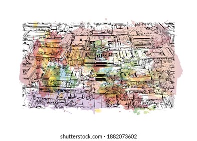 Building view with landmark of Cape Town is the 
capital of South Africa. Watercolour splash with hand drawn sketch illustration in vector.