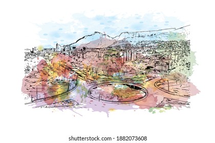 Construir vistas con un punto de referencia en Ciudad del Cabo es el 
capital de Sudáfrica. Salto de color de agua con ilustración de esbozo dibujada a mano en vector.