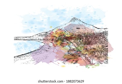 Building view with landmark of Cape Town is the 
capital of South Africa. Watercolour splash with hand drawn sketch illustration in vector.