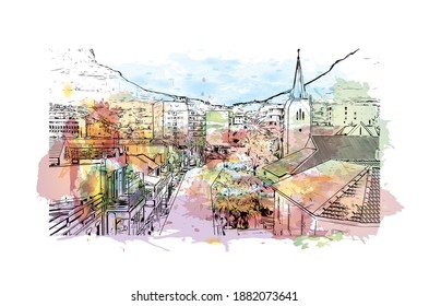 Building view with landmark of Cape Town is the 
capital of South Africa. Watercolour splash with hand drawn sketch illustration in vector.