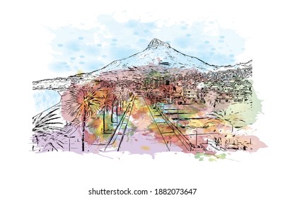 Building view with landmark of Cape Town is the 
capital of South Africa. Watercolour splash with hand drawn sketch illustration in vector.
