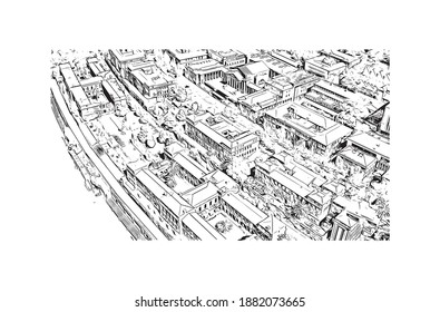 Der Blick auf das Gebäude mit Wahrzeichen von Kapstadt ist der 
Hauptstadt Südafrikas. Handgezeichnete Skizzengrafik in Vektorgrafik.