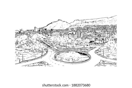 Building view with landmark of Cape Town is the 
capital of South Africa. Hand drawn sketch illustration in vector.