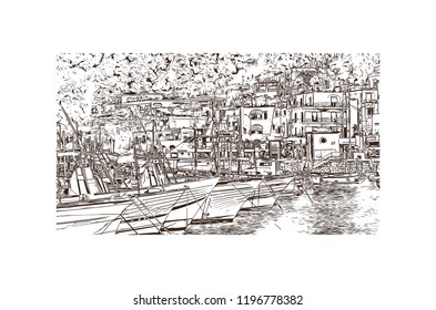 Building view with landmark of Capri is a municipality, in the Metropolitan City of Naples, situated on the island of Capri in Italy. Hand drawn sketch illustration in vector.