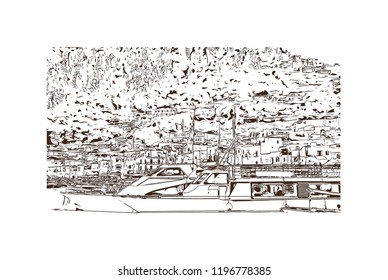 Building view with landmark of Capri is a municipality, in the Metropolitan City of Naples, situated on the island of Capri in Italy. Hand drawn sketch illustration in vector.
