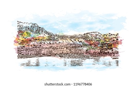 Building view with landmark of Capri is a municipality, in the Metropolitan City of Naples, situated on the island of Capri in Italy. Watercolor splash with  Hand drawn sketch illustration in vector.