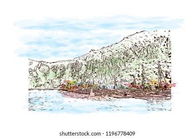 Building view with landmark of Capri is a municipality, in the Metropolitan City of Naples, situated on the island of Capri in Italy. Watercolor splash with  Hand drawn sketch illustration in vector.