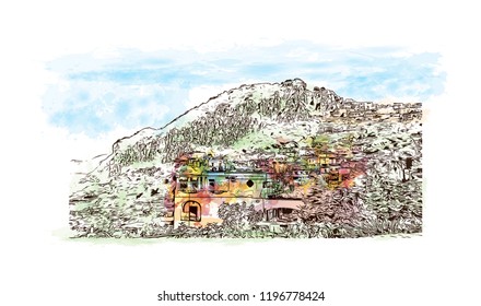 Building view with landmark of Capri is a municipality, in the Metropolitan City of Naples, situated on the island of Capri in Italy. Watercolor splash with  Hand drawn sketch illustration in vector.