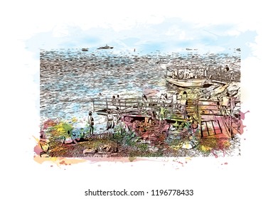 Building view with landmark of Capri is a municipality, in the Metropolitan City of Naples, situated on the island of Capri in Italy. Watercolor splash with  Hand drawn sketch illustration in vector.