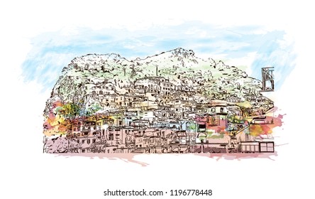 Building view with landmark of Capri is a municipality, in the Metropolitan City of Naples, situated on the island of Capri in Italy. Watercolor splash with  Hand drawn sketch illustration in vector.