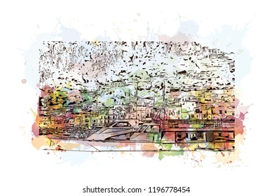 Building view with landmark of Capri is a municipality, in the Metropolitan City of Naples, situated on the island of Capri in Italy. Watercolor splash with  Hand drawn sketch illustration in vector.