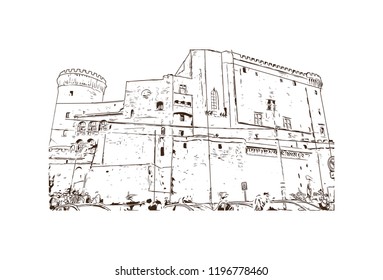 Building view with landmark of Capri is a municipality, in the Metropolitan City of Naples, situated on the island of Capri in Italy. Hand drawn sketch illustration in vector.