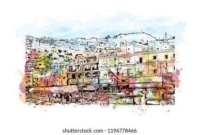 Building view with landmark of Capri is a municipality, in the Metropolitan City of Naples, situated on the island of Capri in Italy. Watercolor splash with  Hand drawn sketch illustration in vector.