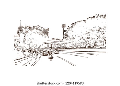 Building view with landmark of Caracas, Venezuela's capital, is a commercial and cultural center located in a northern mountain valley. Hand drawn sketch illustration in vector.