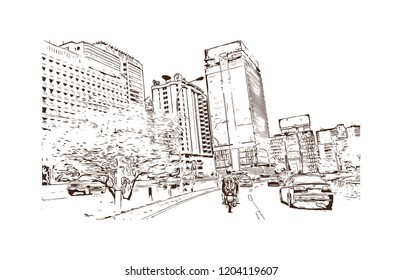 Building view with landmark of Caracas, Venezuela's capital, is a commercial and cultural center located in a northern mountain valley. Hand drawn sketch illustration in vector.