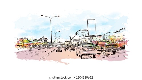 Building view with landmark of Caracas, Venezuela's capital, is a commercial and cultural center located in a northern mountain valley. Watercolor splash with Hand drawn sketch illustration in vector.