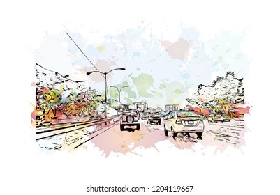 Building view with landmark of Caracas, Venezuela's capital, is a commercial and cultural center located in a northern mountain valley. Watercolor splash with Hand drawn sketch illustration in vector.
