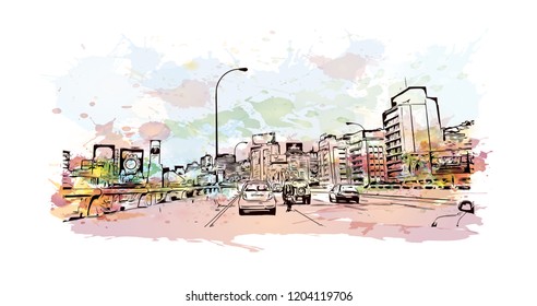 Building view with landmark of Caracas, Venezuela's capital, is a commercial and cultural center located in a northern mountain valley. Watercolor splash with Hand drawn sketch illustration in vector.