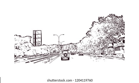 Building view with landmark of Caracas, Venezuela's capital, is a commercial and cultural center located in a northern mountain valley. Hand drawn sketch illustration in vector.