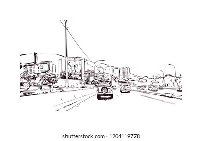 Building view with landmark of Caracas, Venezuela's capital, is a commercial and cultural center located in a northern mountain valley. Hand drawn sketch illustration in vector.