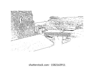 Building view with landmark of Cardiff is the capital of Wales and its largest city. Hand drawn sketch illustration in vector.