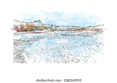 Building view with landmark of Cardiff is the capital of Wales and its largest city. Watercolor splash with Hand drawn sketch illustration in vector.