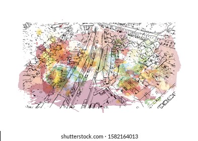 Building view with landmark of Cardiff is the capital of Wales and its largest city. Watercolor splash with Hand drawn sketch illustration in vector.