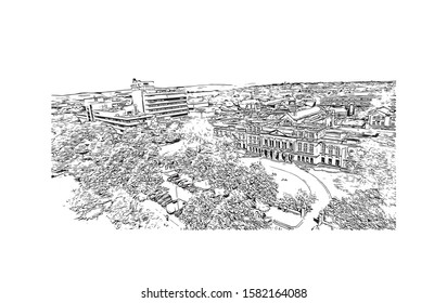 Building view with landmark of Cardiff is the capital of Wales and its largest city. Hand drawn sketch illustration in vector.