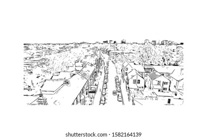 Building view with landmark of Cardiff is the capital of Wales and its largest city. Hand drawn sketch illustration in vector.