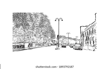 Building view with landmark of Cardiff is the
capital of Wales. Hand drawn sketch illustration in vector.