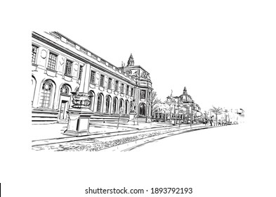 Building view with landmark of Cardiff is the
capital of Wales. Hand drawn sketch illustration in vector.