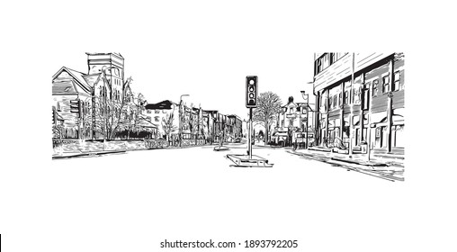 Building view with landmark of Cardiff is the
capital of Wales. Hand drawn sketch illustration in vector.