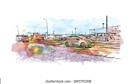 Building view with landmark of Cardiff is the
capital of Wales. Watercolour splash with hand drawn sketch illustration in vector.
