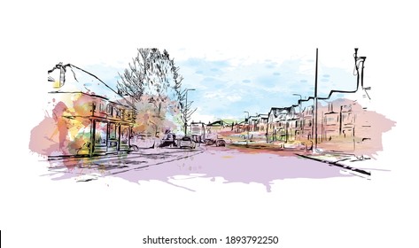 Building view with landmark of Cardiff is the
capital of Wales. Watercolour splash with hand drawn sketch illustration in vector.