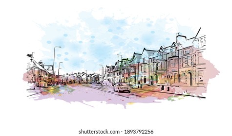 Building view with landmark of Cardiff is the
capital of Wales. Watercolour splash with hand drawn sketch illustration in vector.