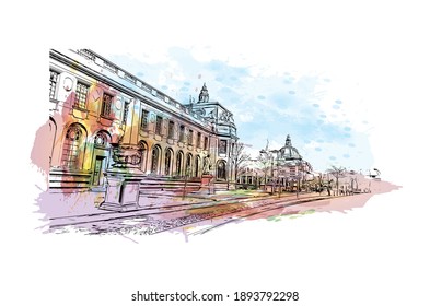 Building view with landmark of Cardiff is the
capital of Wales. Watercolour splash with hand drawn sketch illustration in vector.