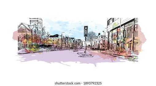 Building view with landmark of Cardiff is the
capital of Wales. Watercolour splash with hand drawn sketch illustration in vector.