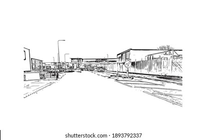 Building view with landmark of Cardiff is the
capital of Wales. Hand drawn sketch illustration in vector.
