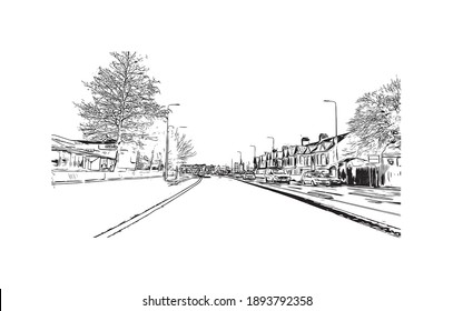 Building view with landmark of Cardiff is the
capital of Wales. Hand drawn sketch illustration in vector.