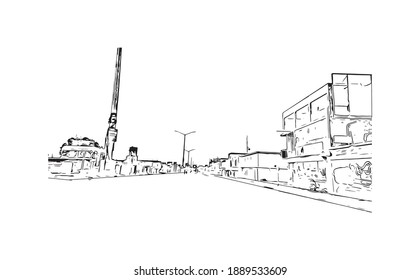 Building view with landmark of Carolina is a municipality located on the northeast coast of Puerto Rico. Hand drawn sketch illustration in vector.