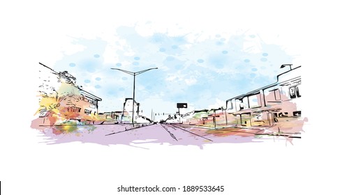 Building view with landmark of Carolina is a municipality located on the northeast coast of Puerto Rico. Watercolour splash with hand drawn sketch illustration in vector.