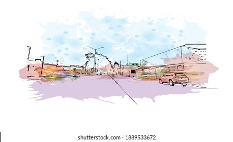 Building view with landmark of Carolina is a municipality located on the northeast coast of Puerto Rico. Watercolour splash with hand drawn sketch illustration in vector.